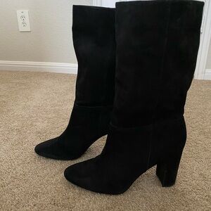 Ralph Lauren Black Suede Mid-Calf Block Heel Boots